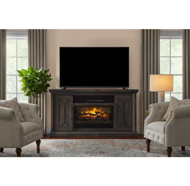 Electric Fireplace TV Stand in Medium Brown Acacia with Dark Brown Top ,Madison 68 in V Stand in Medium Brown Acacia with Dark Brown Top