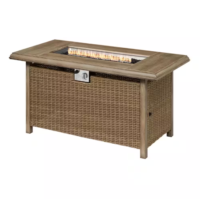 Anaheim 49 in. x 25 in. Aluminum and Stainless Steel Tan Gas Fire Pit with Wood-Look tile Top